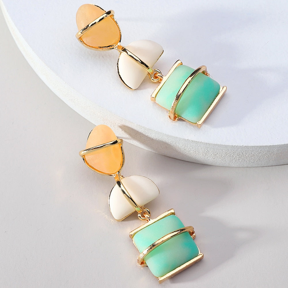 Modern Fashion Natural Stone Geometric Long Hanging Dangle Earrings For Women