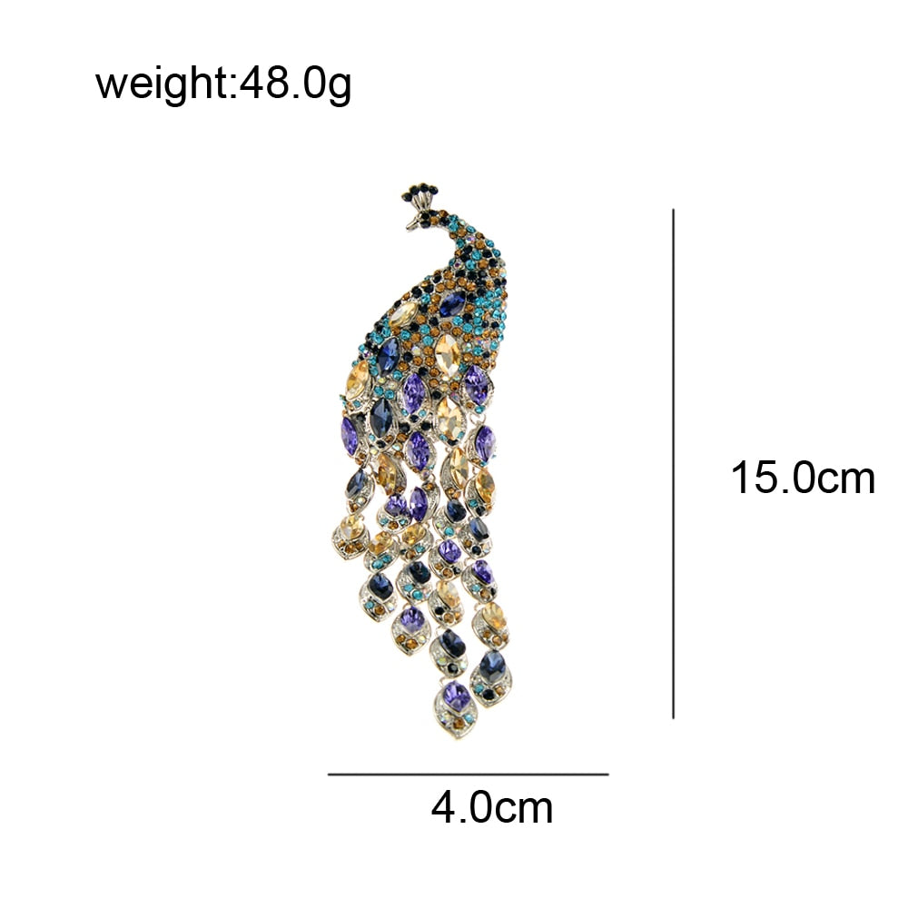 Large Long Crytal Tassel Peacock Brooches For Women