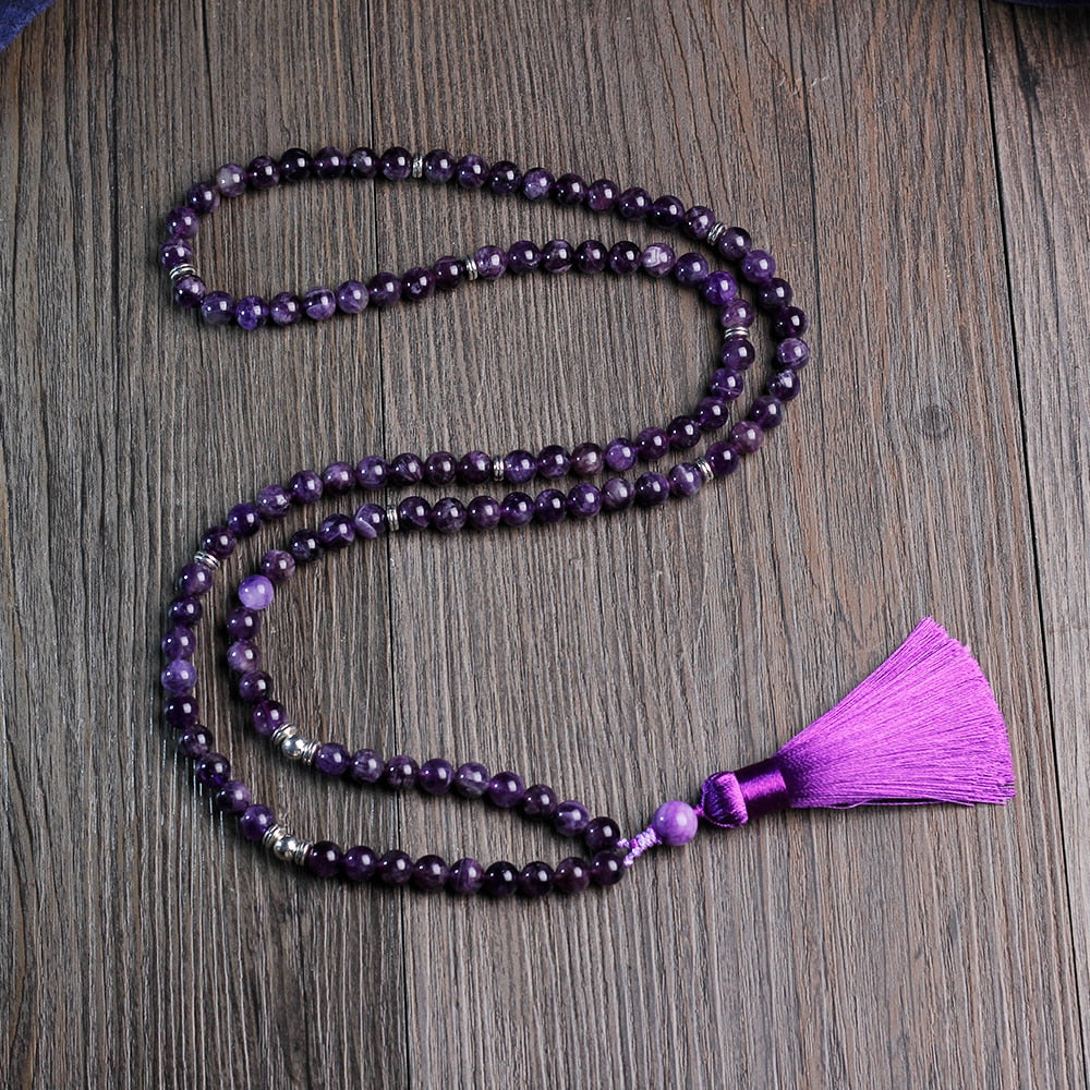 8mm Amethyst Necklace with tassel, Peaceful Heart Calming JaPaMala