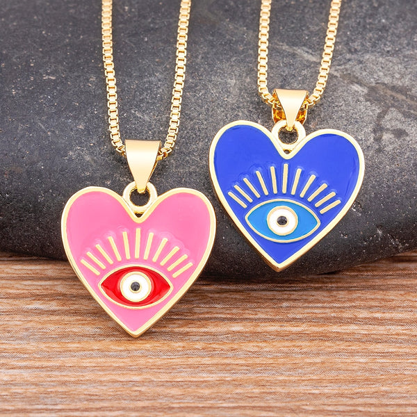 Classic Enamel Heart Shape Inlaid Rainbow Turkish Evil Eye Oil Drop Pendant Gold Necklace Women