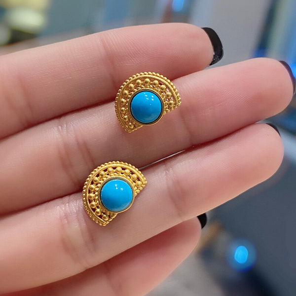 Original Design Turquoise Ear Studs New Style in Ancient gold craft Fan earrings for women