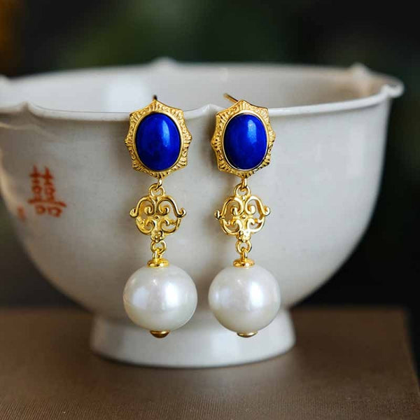 Original retro court style lapis lazuli pearl ear studs high quality charm earrings for women