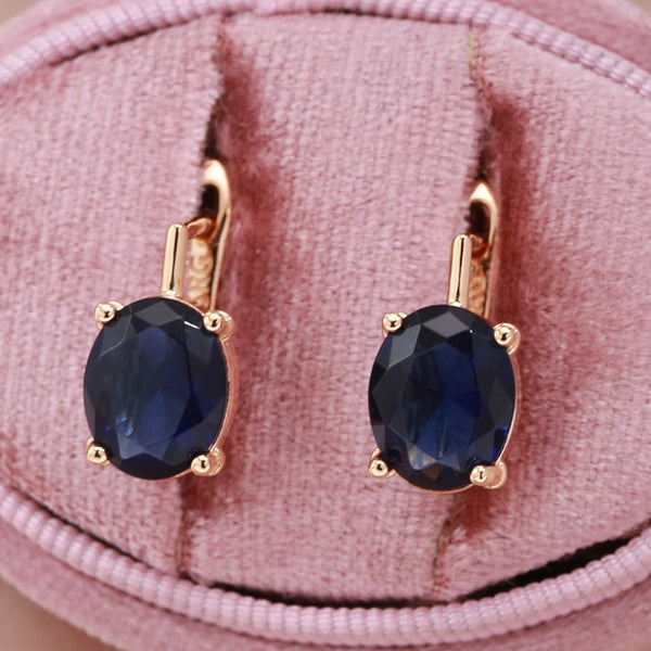 New Simple Geometric Oval Cut Dark Blue Zircon 585 Gold Clip Earrings For Women