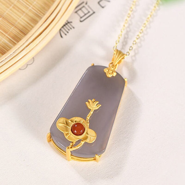 Original Brand New Natural Hetian Smoke Purple Jade Lotus Gilt Necklace Pendant