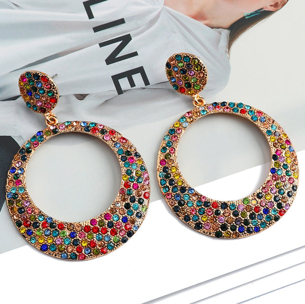 Fashion Alloy Hollow Colorful Crystal Round Big Dangle Earrings For Women