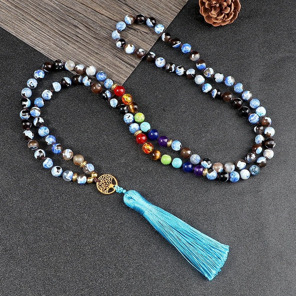 Hot Life Tree Pendant Necklaces For Women 108 Japamala 7 Chakra Natural Onyx Beads Necklace