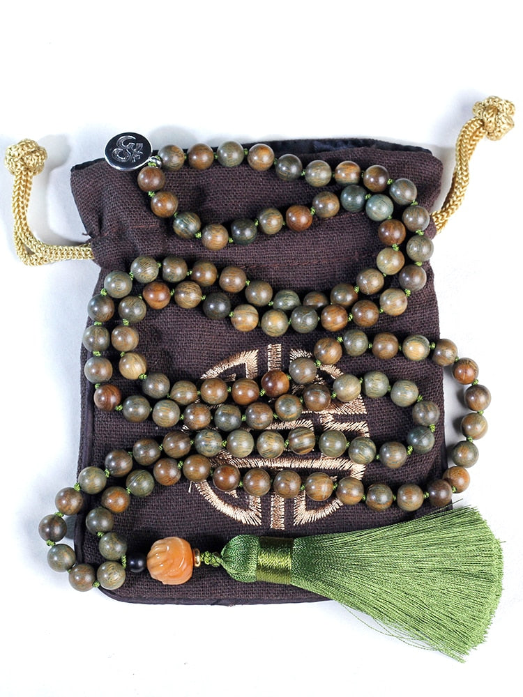 108 Japa Mala Green sandalwood Beaded Knotted Necklace