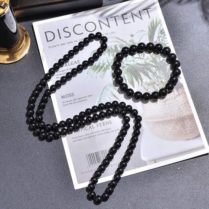 8mm Black Onyx Bead Necklace 10mm Bracelet Set Men and Women