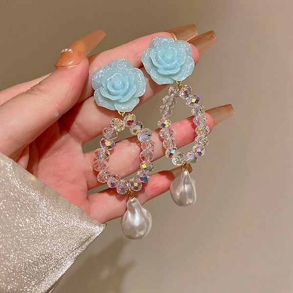 Fashion Temperament Bohemian Pearl Flower Tassel Design Statement Earrings Women