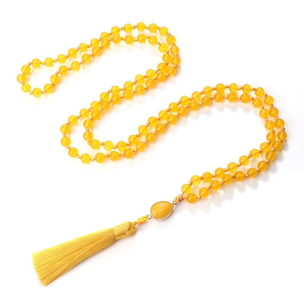 Fashion 108 Mala Natural Yellow Chalcedony Beads Necklaces For Women