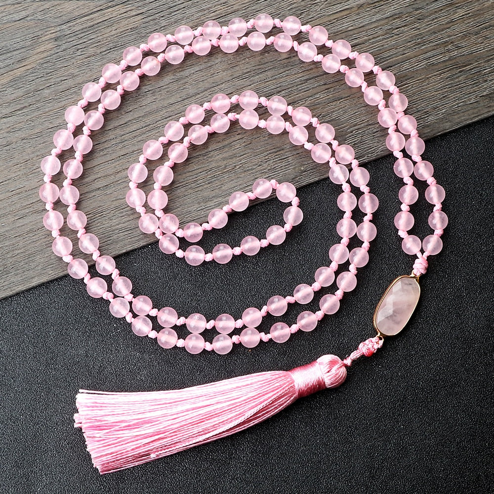 Fashion Natural Pink Chalcedony Beads Necklaces 108 Mala Beads Pendant Charm Women