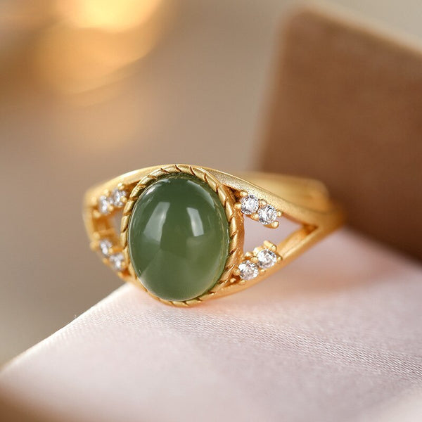 Natural Hetian jasper inlay diamond oval rings for women