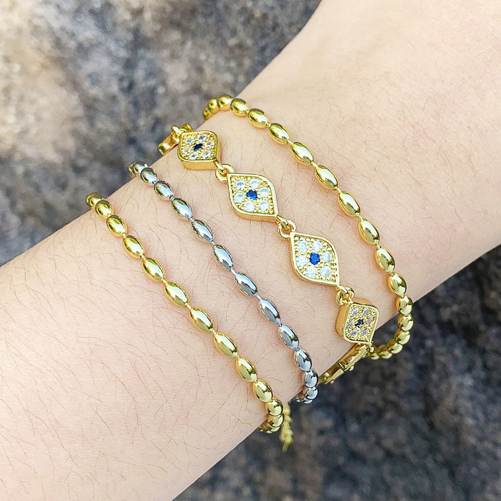 Simple Gold Plated Beads Bracelets Copper CZ Rhinestone Evil Eye Bracelets