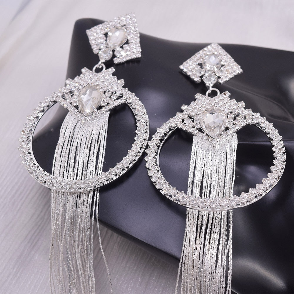 24cm Long Silver Tassel Earrings for Women