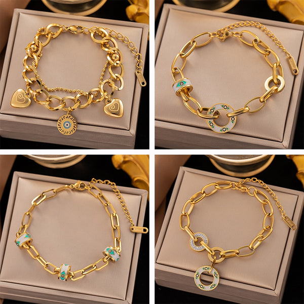 Gold Color Fashion Link Chain Evil Eye Heart Bangle Bracelet for Women