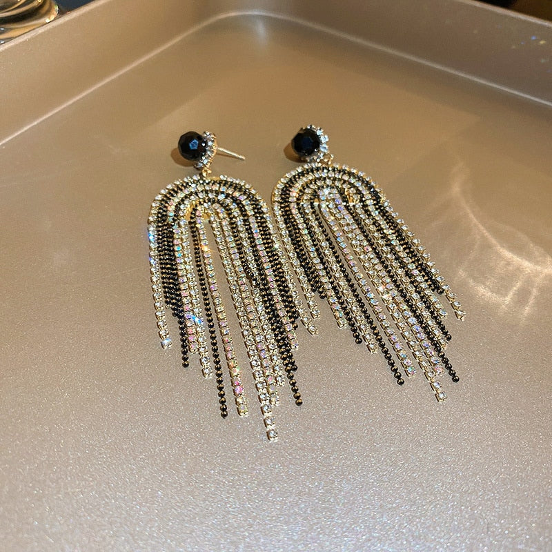 Long Tassel Drop Earrings for Women White Black Rhinestone Dangle Earrings