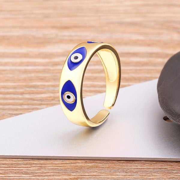 High Quality Enamel 5 Colors Inlaid Turkish Evil Eye Gold Plated Ring Women