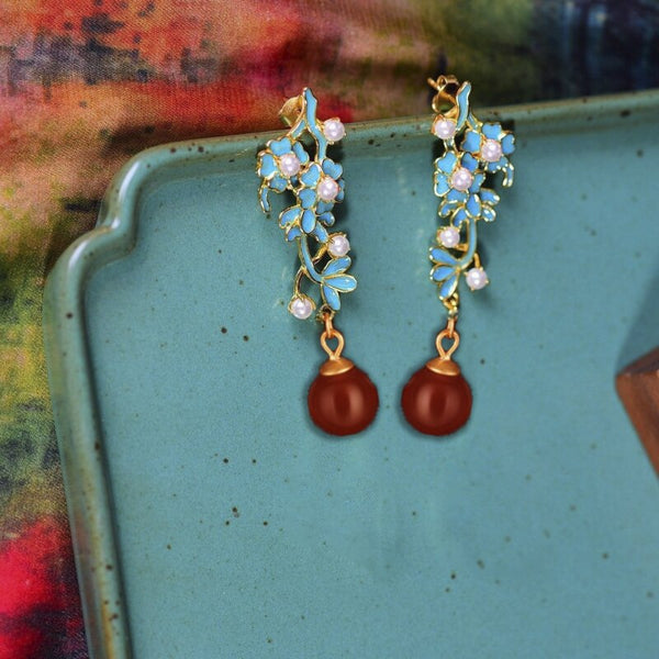 Cloisonne ethnic style Pearl enamel flower earrings for women