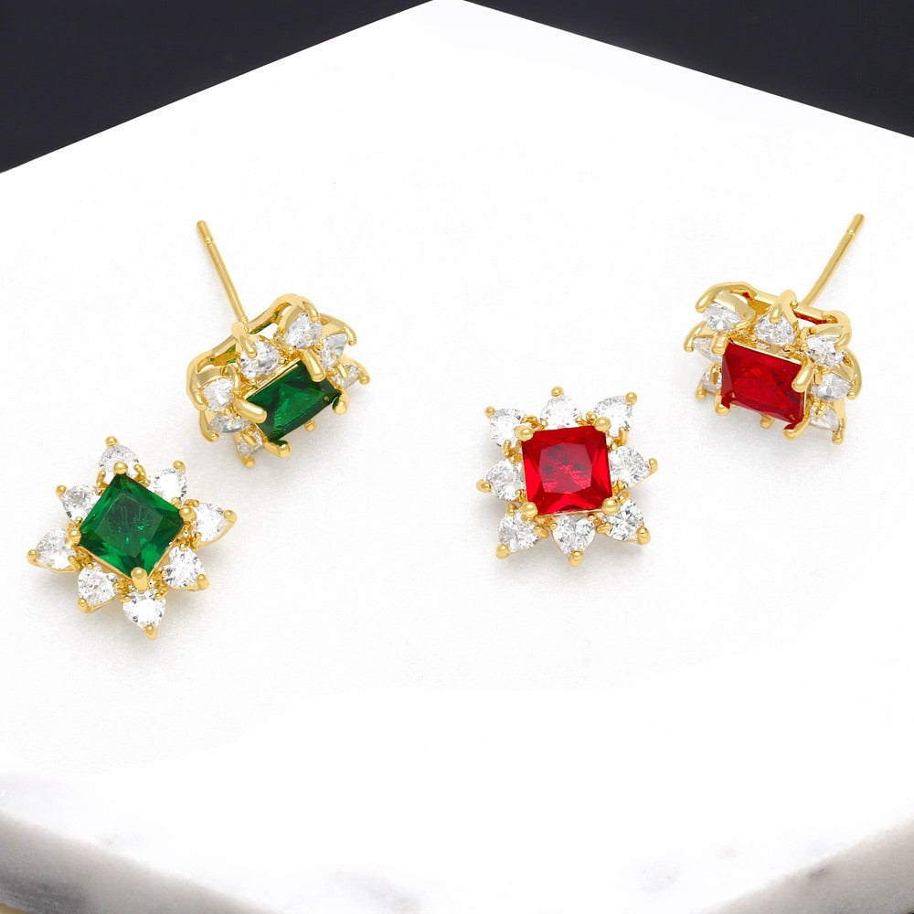 New Design Green Crystal Square Earrings Studs Copper CZ Rhinestone Flower Ear Studs for Women