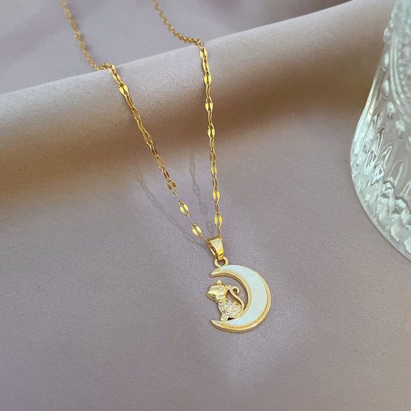 Cute Monkey On Moon Pendant Necklace for Women Korea Jewelry Chains Necklaces