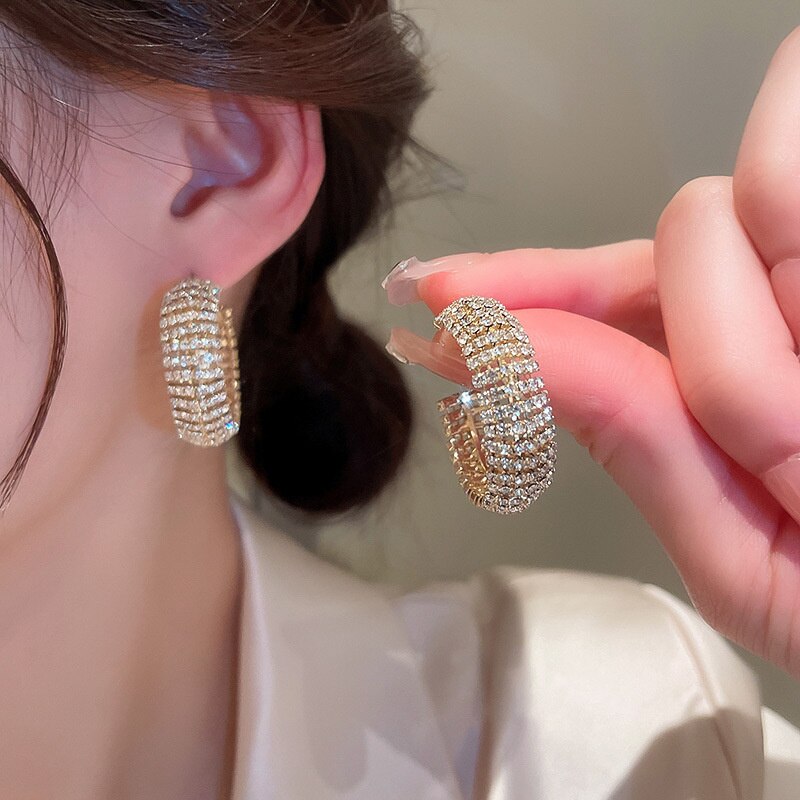 Korean Style Gold Color Hoop Earrings Geometric Rhinestones Earrings