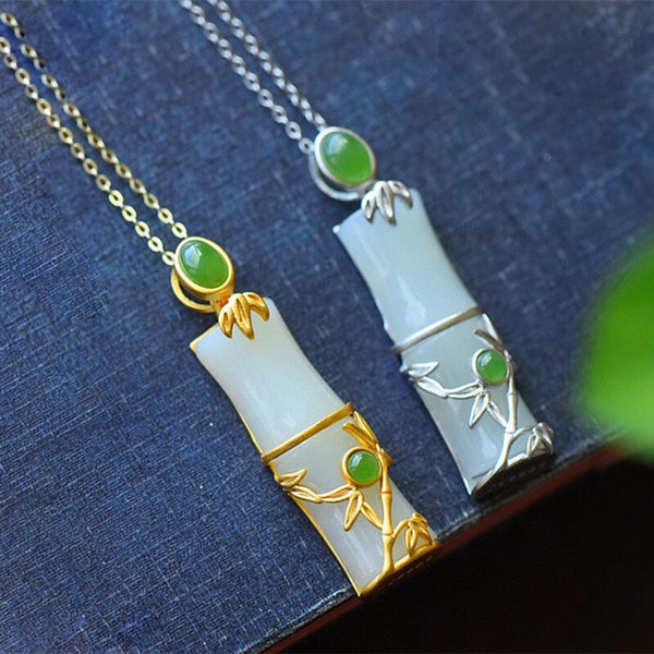 Natural Hetian White Chalcedony Bamboo Pendant Necklace