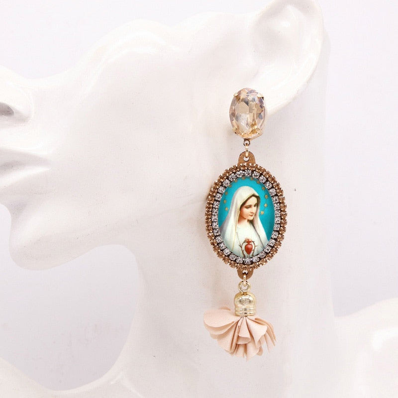 Bohemian Flower Earrings For Women Virgin Mary Earrings Angel Pendant Rhinestone Earrings