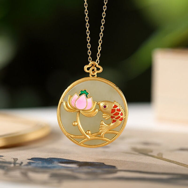 Natural Hetian jade fish lotus flower round neckalce for woman pendant