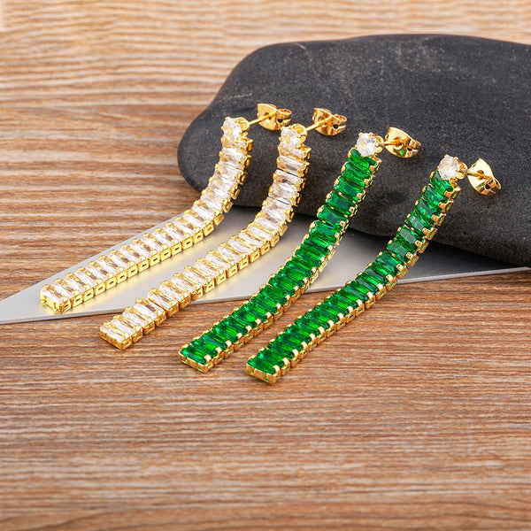 New Luxury Shine Rhinestone Long Tassel Earrings Green/White Colors for Women