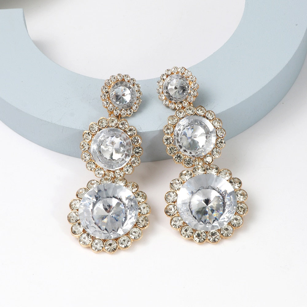 New Luxury Blue Rhinestone Dangle Earrings Statement Long Pendant Round Earrings For Women