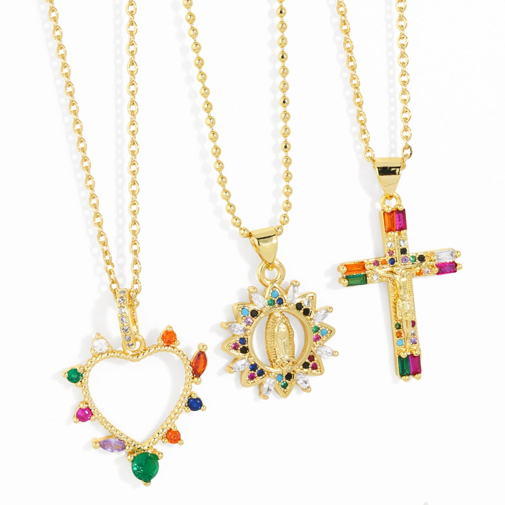 Rainbow Crystal Virgin Mary Necklaces for Women Copper CZ Rhinestone Cross Necklaces