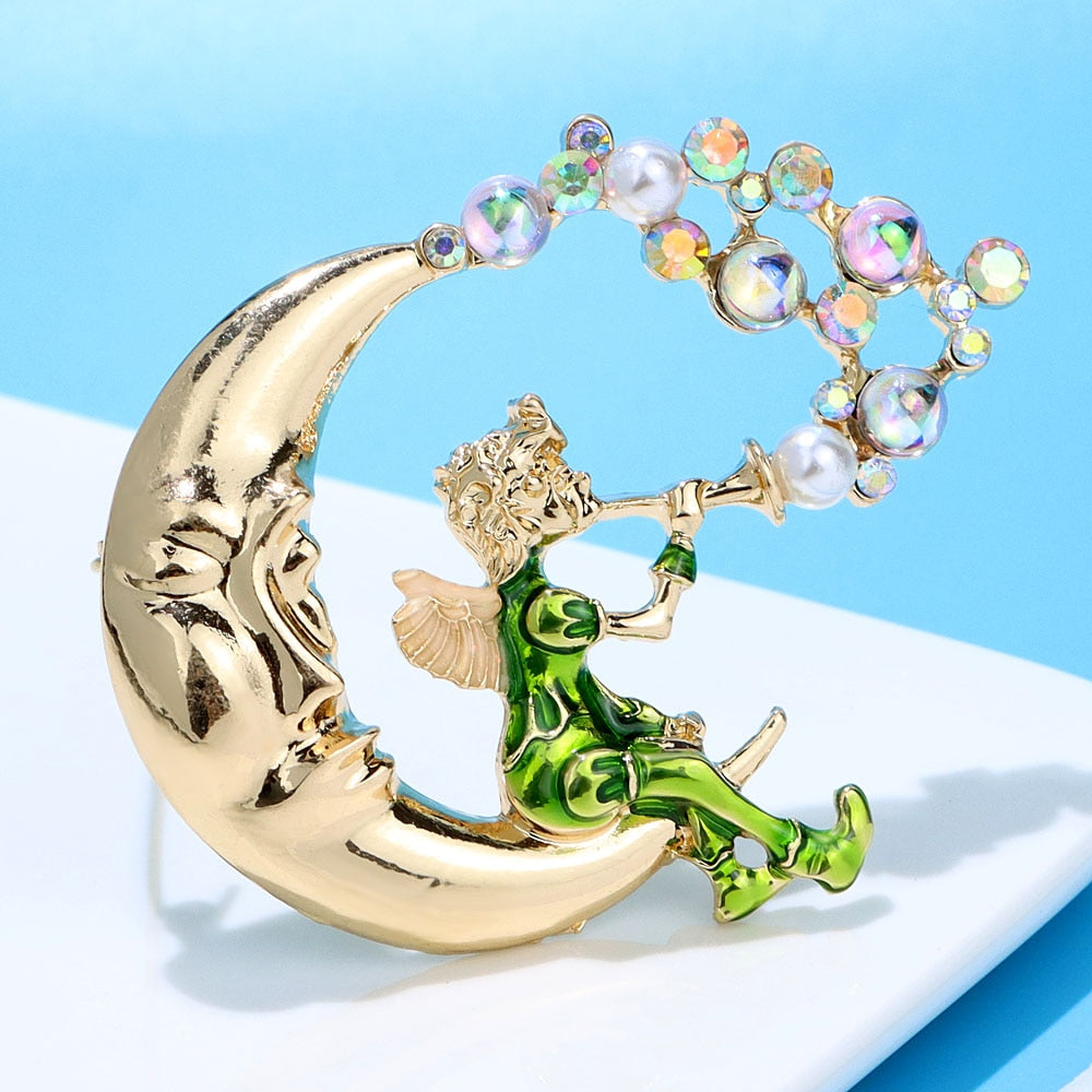 Cute Little Angel Blowing Bubbles On The Moon Brooch Kids Pin Good Blessing Jewelry