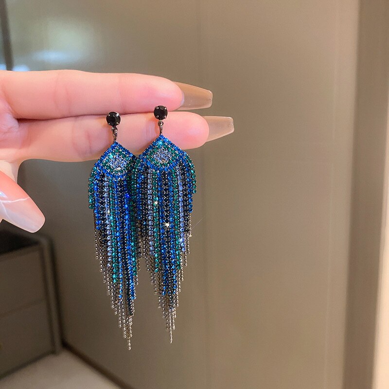 Long Tassel Drop Earrings for Women 3 Style Blue Rhinestone Dangle Earrings