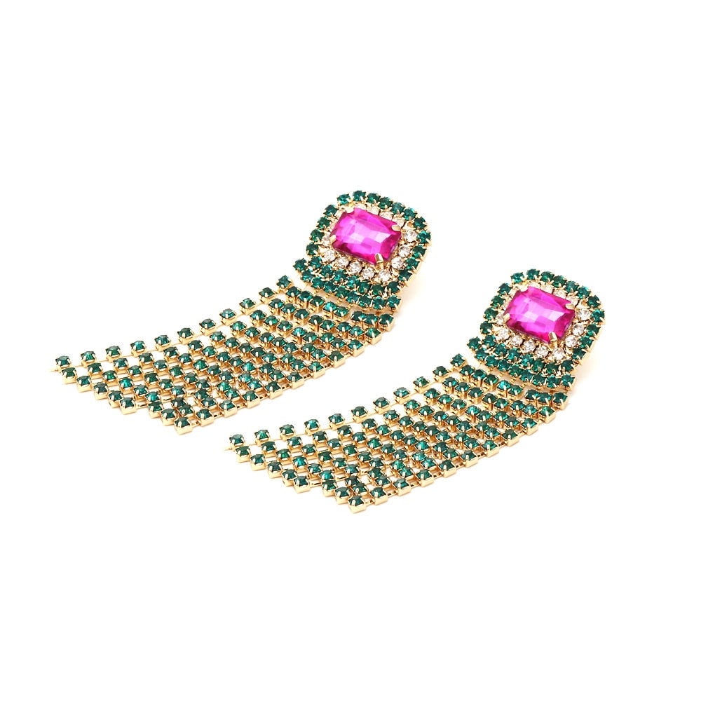 New Long Tassel Metal Green Rhinestone Earring For Women