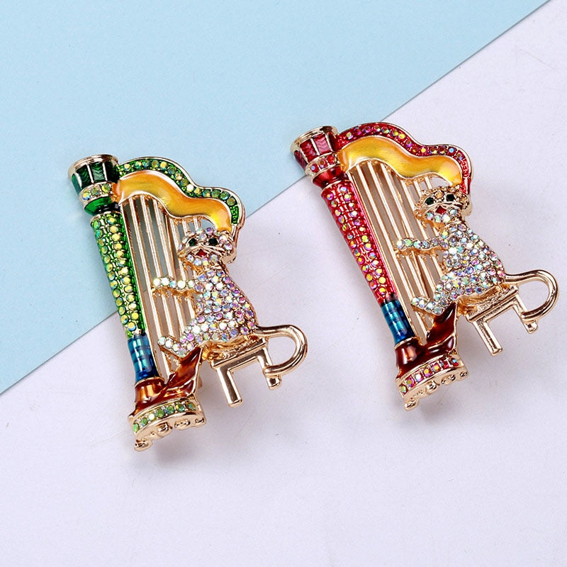 Playing Harp Cat Brooch Cute Funny Cartoon Pin Animal Design Jewelry