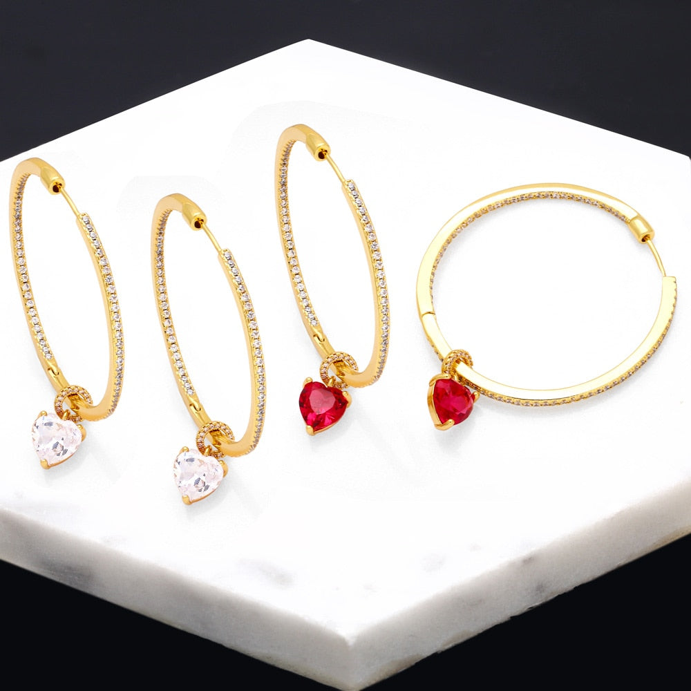 Big Circle Gold Plated Hoops Earrings for Women Copper CZ Rhinestone Heart Earrings