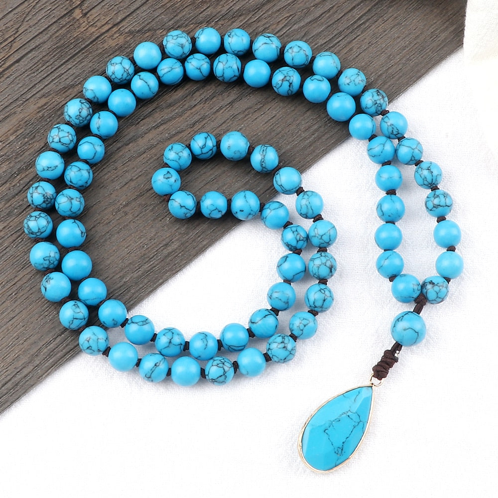 8mm Natural Blue Howlite Stone Beaded Necklaces For Women Bohomia Pendant Japamala Necklaces