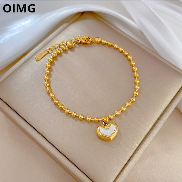 Gold Plated Bracelet Temperament Natural Shell Heart Beads Chain Bangle For Women