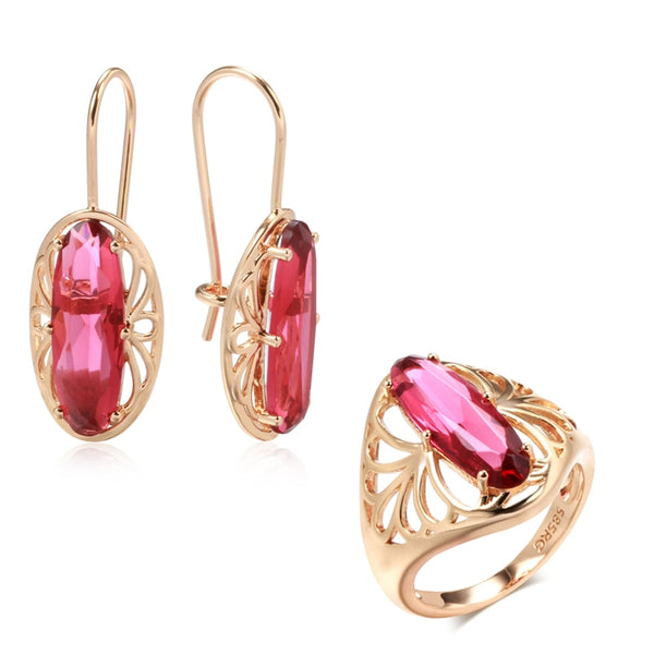 Luxury Special Cut Oval Pink Zircon Set 585 Rose Gold Color Piercing Earrings