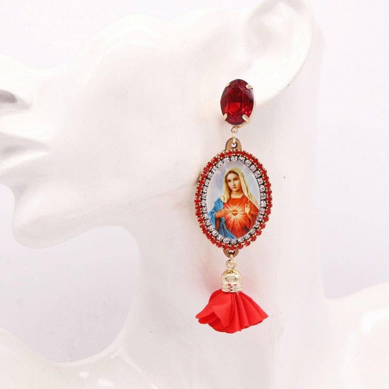 Bohemian Flower Earrings For Women Virgin Mary Earrings Angel Pendant Rhinestone Earrings