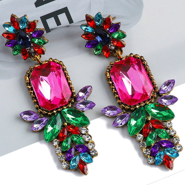 Fashion Flower Boho Colorful Crystal Geometric Big Dangle Earrings For Women