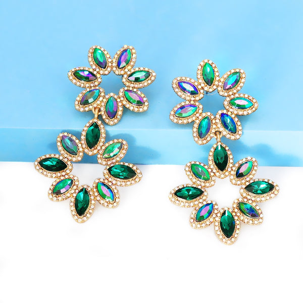 New Long Flower Crystal Statement Earrings High Quality Multicolour Rhinestone Drop Dangle Earrings