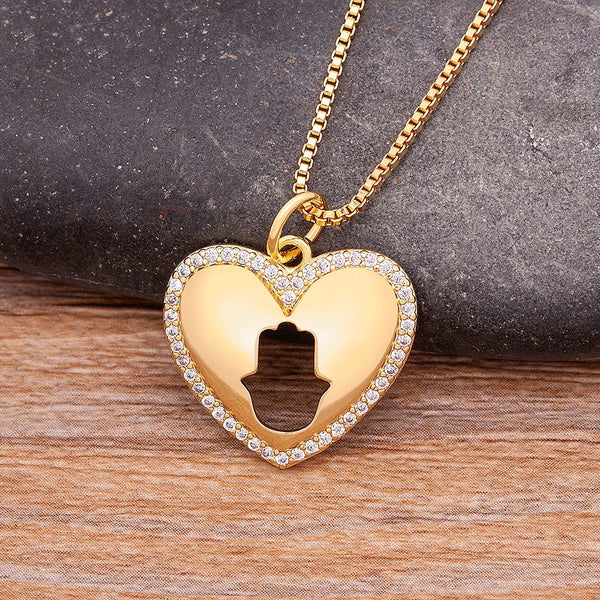 Heart Shape Hamsa Hand Pendant Copper Material Gold Color Fatima Palm Necklace