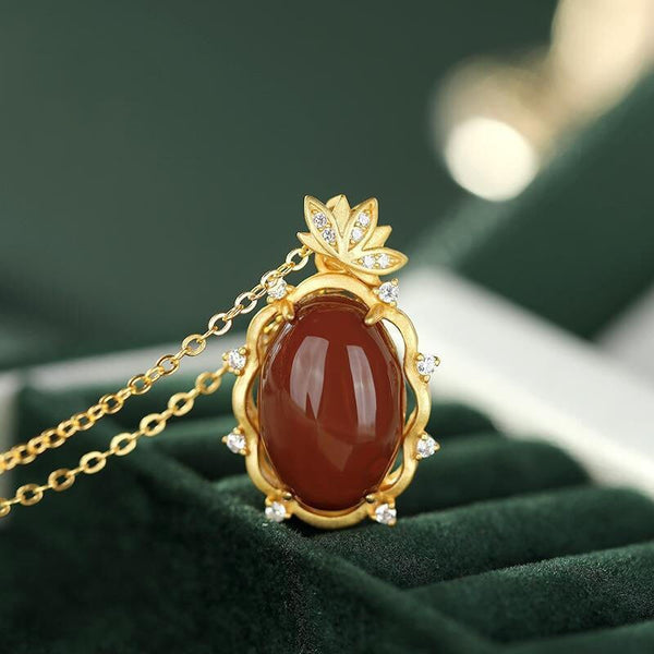 Classic Diamond Red Enamel Porcelain Oval Pendant Necklace