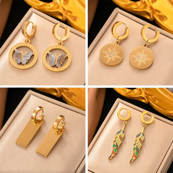 Gold Plated Vintage Temperament Butterfly Leaf Round Hoop Earrings For Women