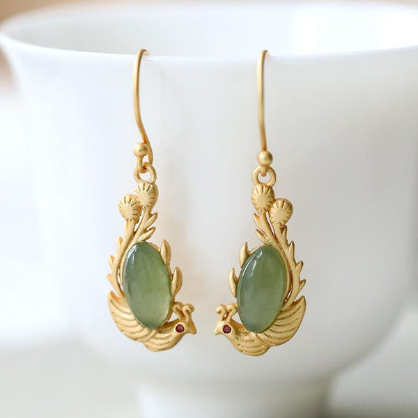 Inspired Chinese Style Ancient Gold Craft Natural Hetian Jasper Earings for Women