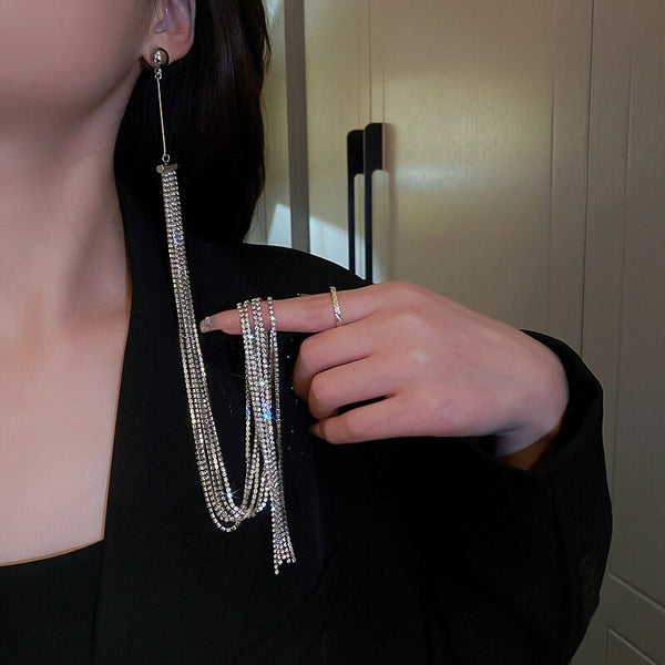 Long Tassel Drop Earrings for Women Geometric Rhinestone Dangle Earrings