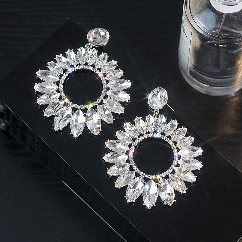 Shine Flower Crystal Drop Earrings Water Drop Geometric Rhinestones Earrings Women