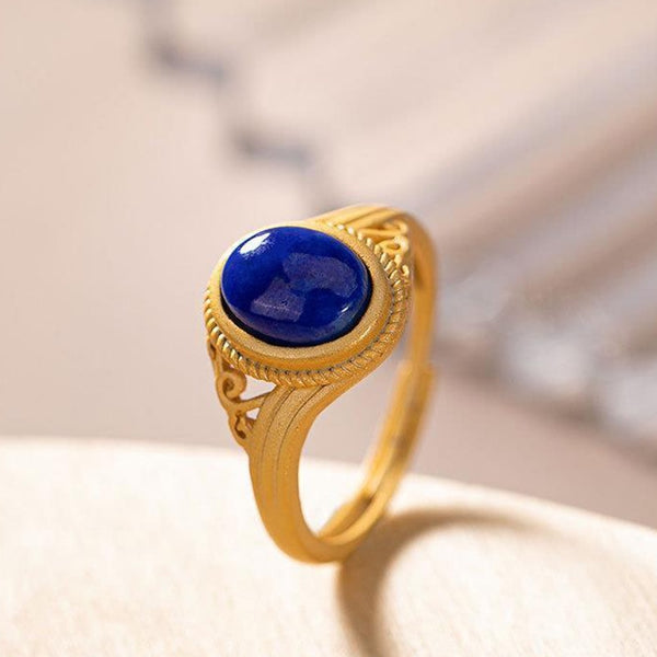 Creative Design Ancient Gold Craft Hollow Inlaid Lapis Lazuli Oval Ladies Ring