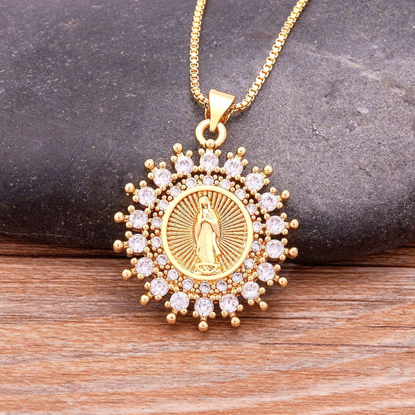 Copper Micro Pave Inlaid Zircon Virgin Mary Pendant Believer Necklace